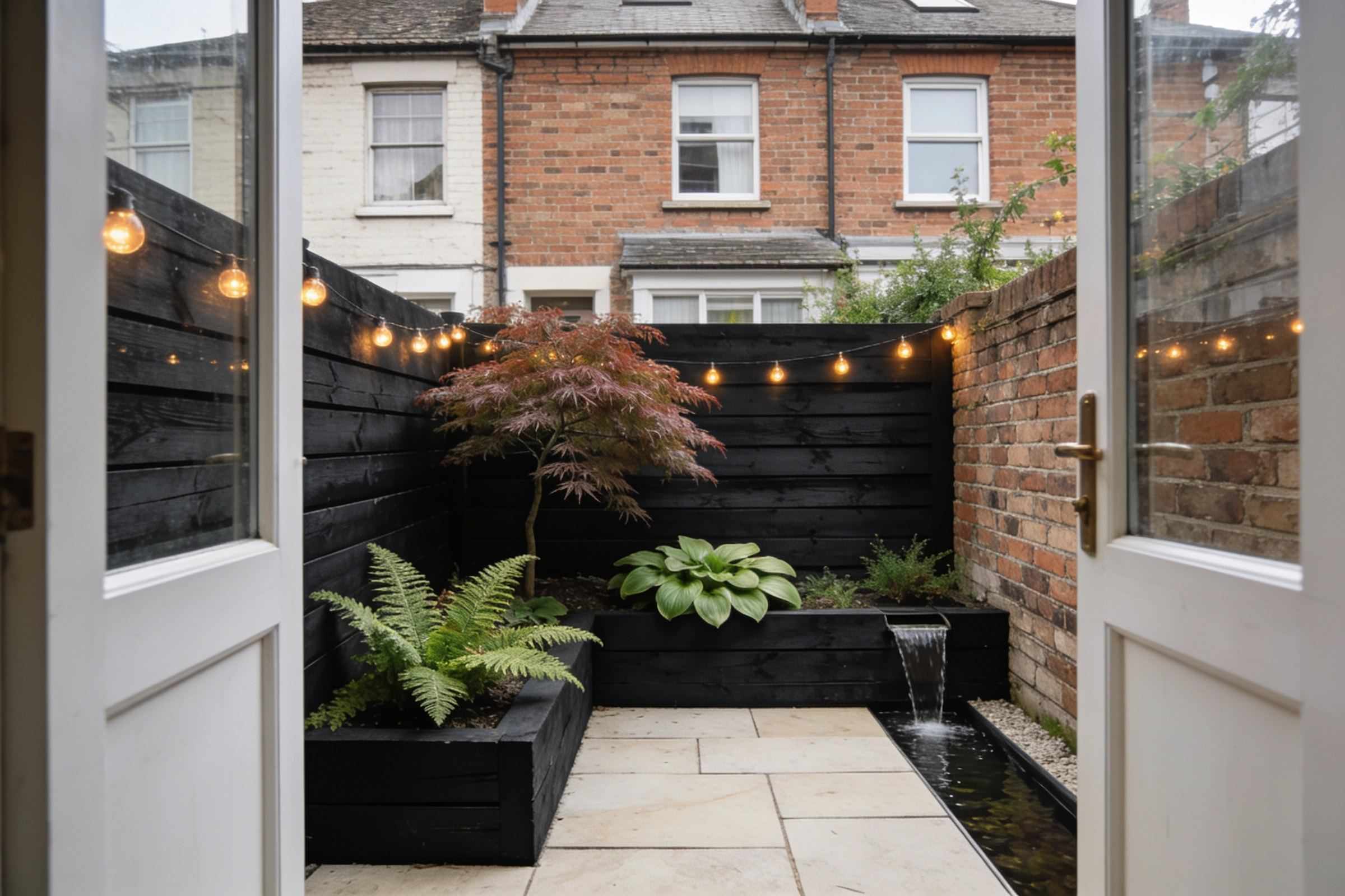 After: a small courtyard of pale limestone with black timber beds of ferns, hostas and a Japanese maple, a water rill and warm festoon lights, seen through open back doors