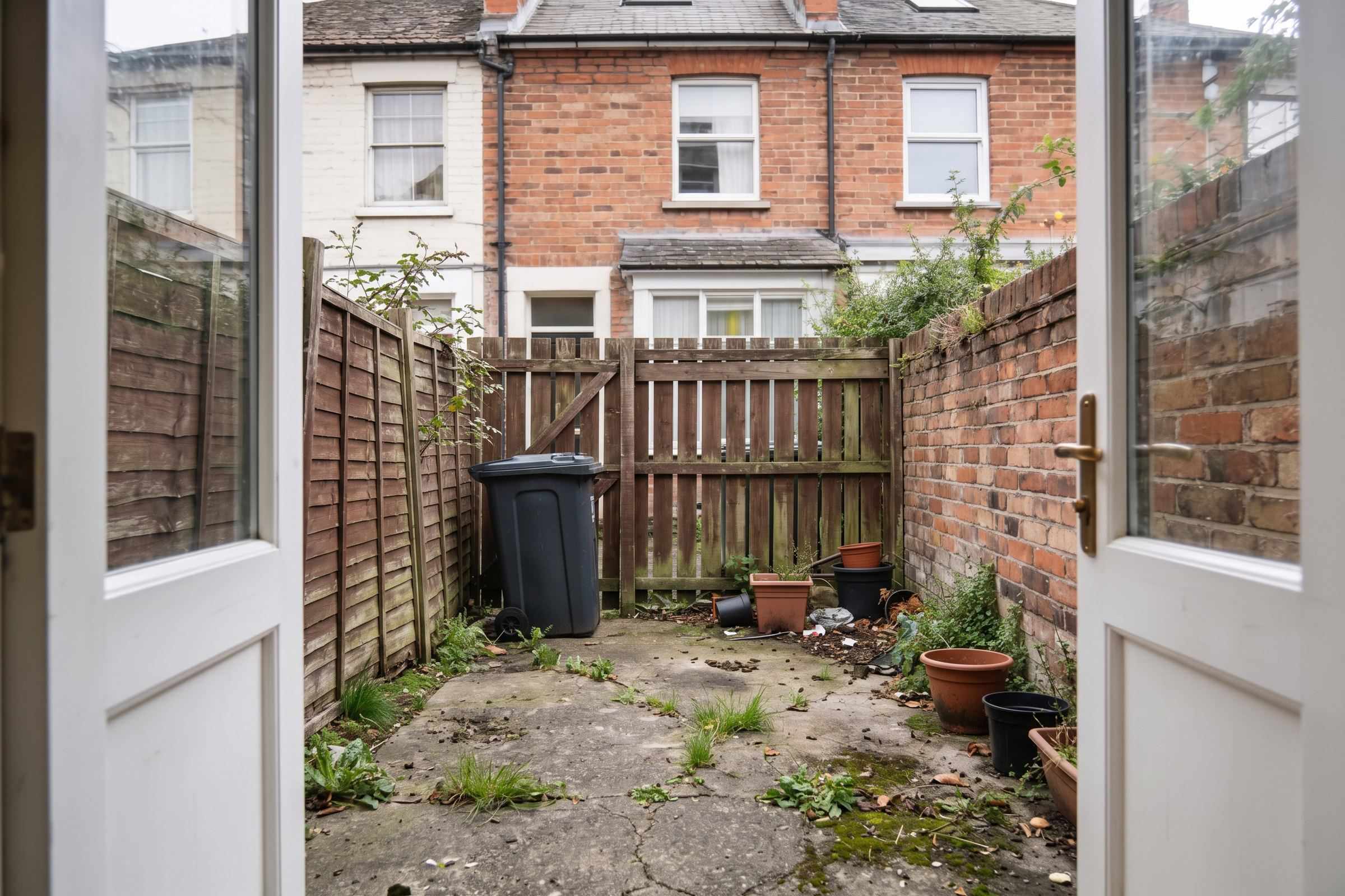 Before: a small yard of cracked grey concrete with weeds, an old sagging fence, a wheelie bin and empty plastic pots, seen through open back doors