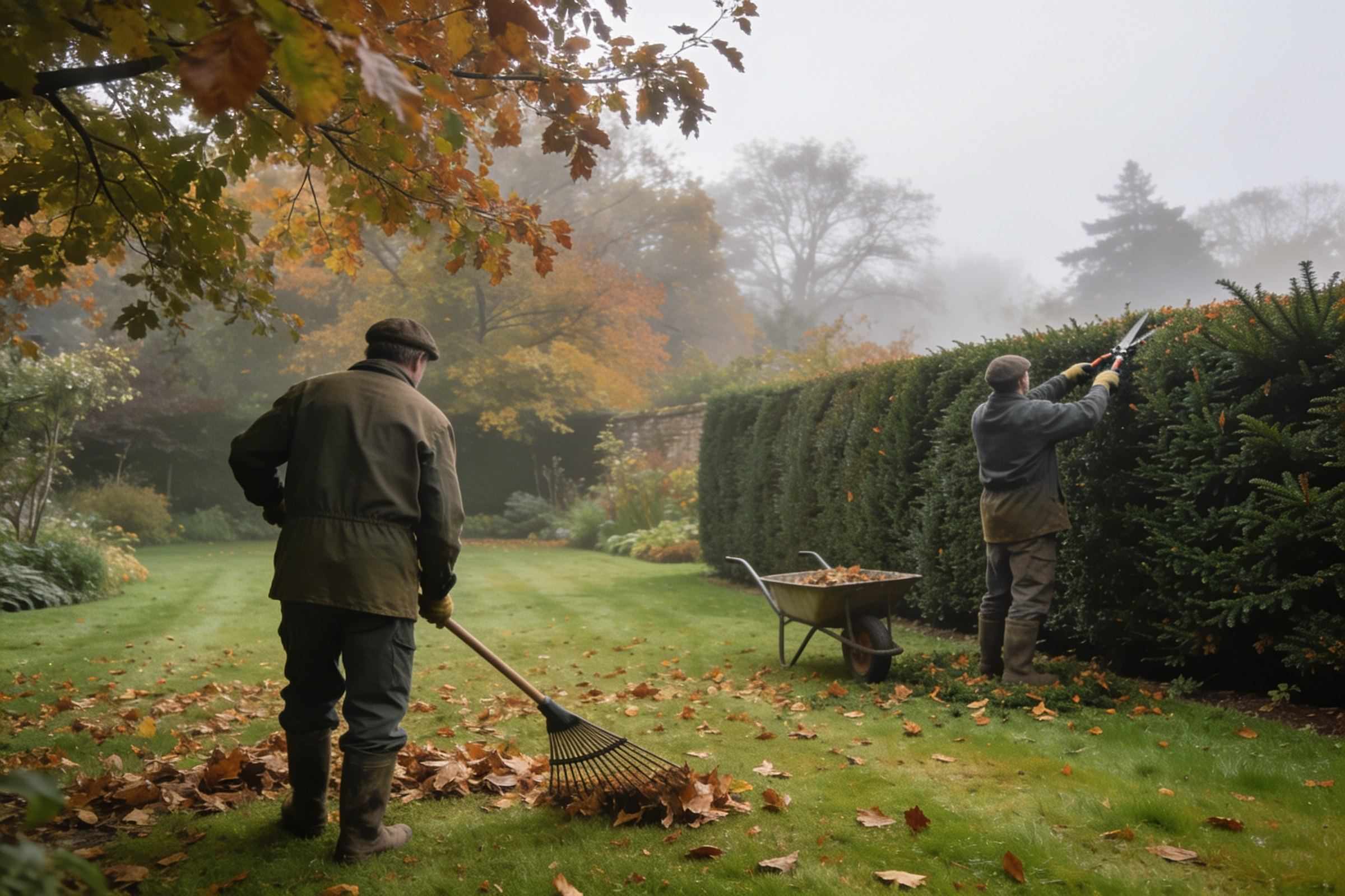 Two gardeners seen from behind in a misty autumn garden, one raking leaves on the lawn, the other trimming a tall yew hedge