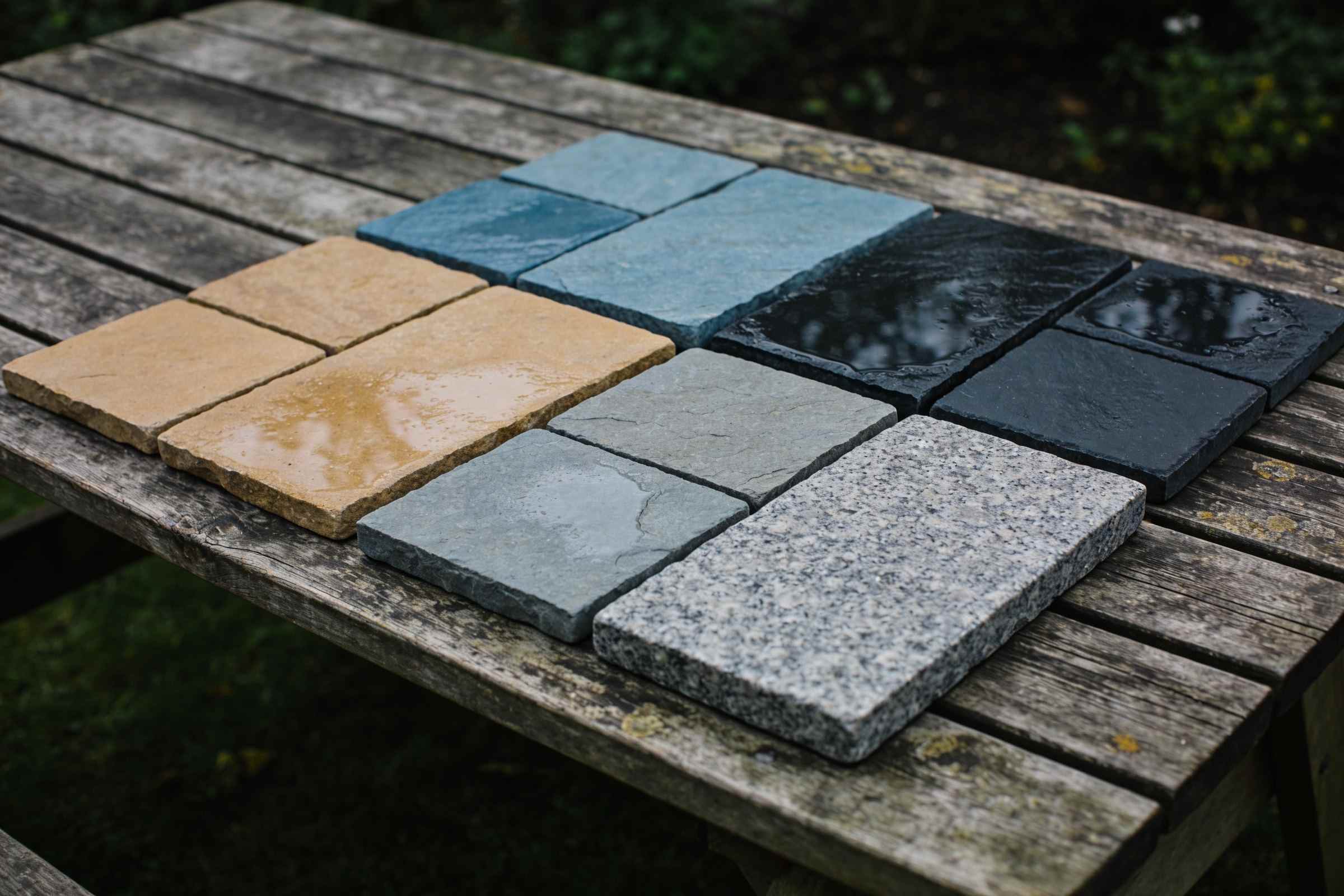 Samples of buff sandstone, blue-grey limestone, dark slate and granite laid on a weathered oak table outdoors, some wet and some dry