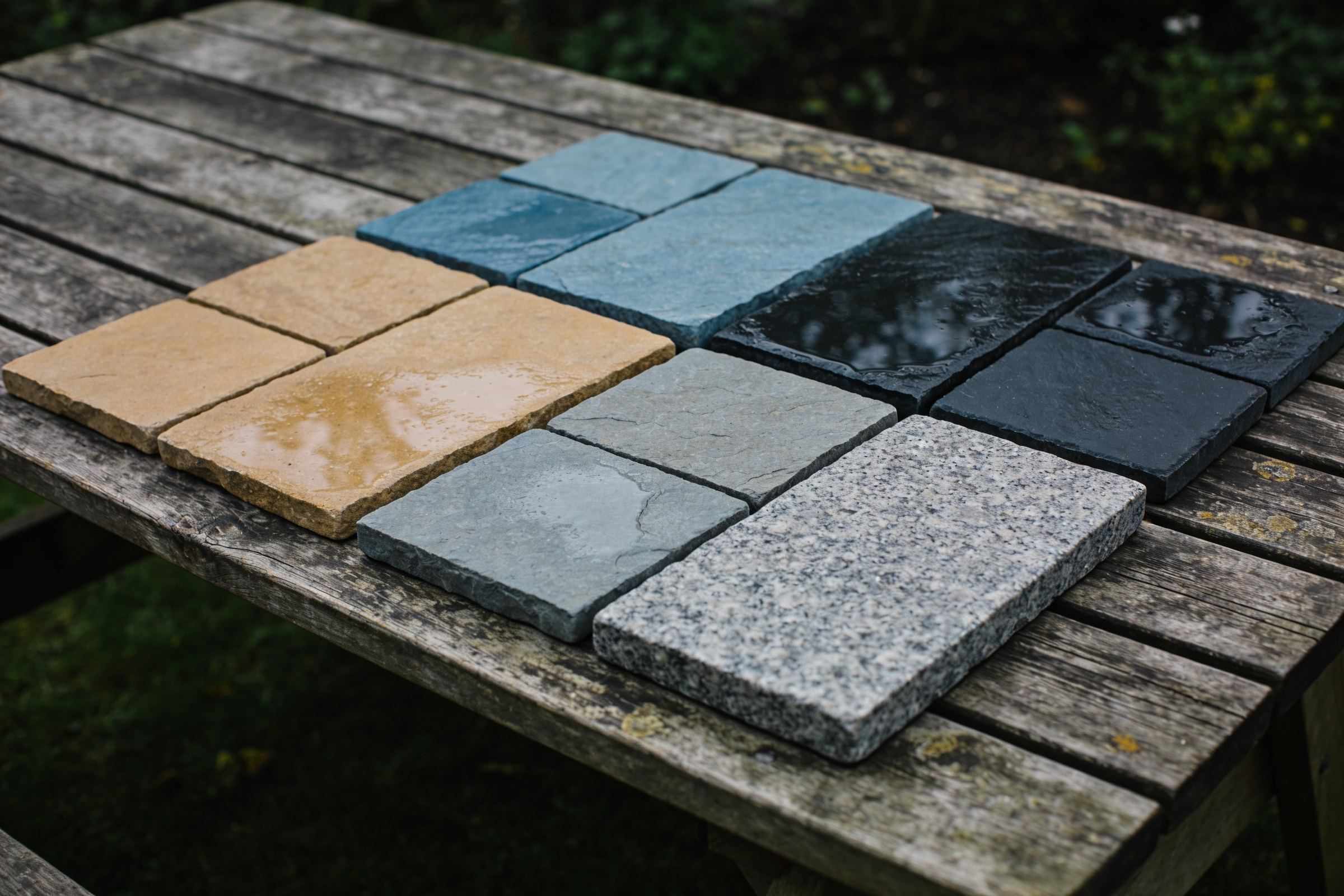 Samples of buff sandstone, blue-grey limestone, dark slate and granite laid on a weathered oak table outdoors, some wet and some dry