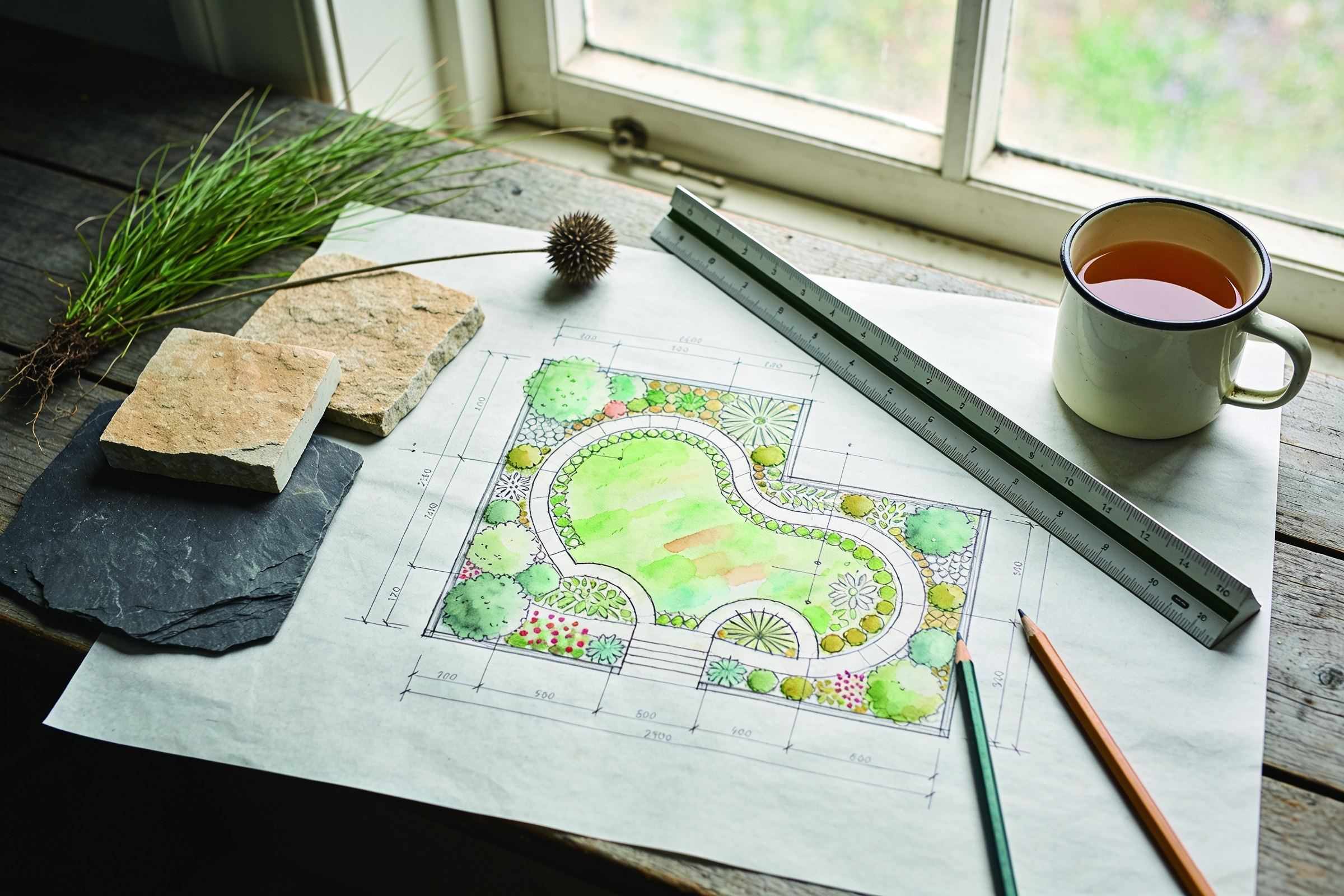 A garden designer's worktable seen from above: a hand-drawn garden plan in pencil and watercolour on tracing paper, a scale ruler, pencils, samples of sandstone and slate and a mug of tea