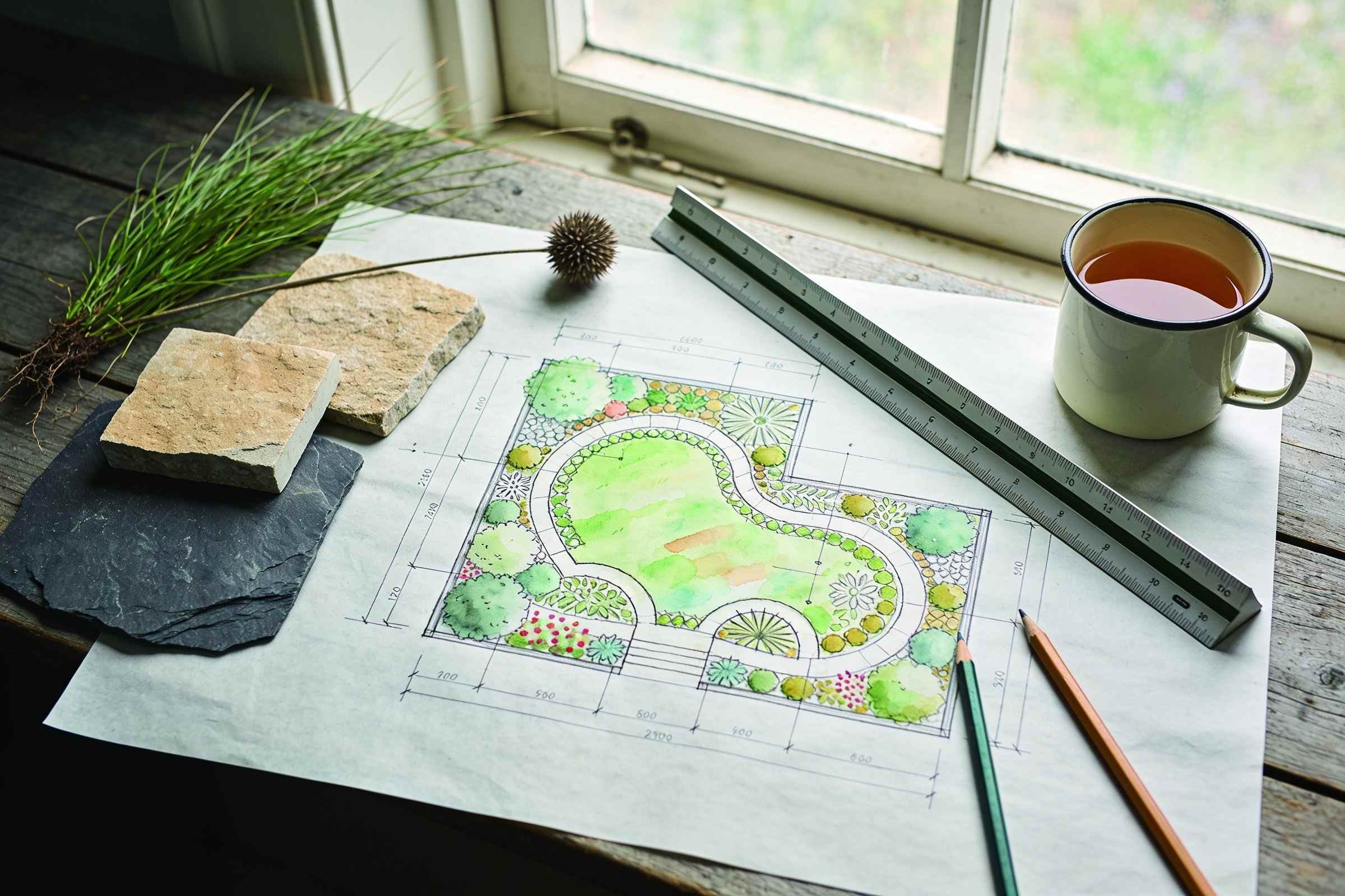 A garden designer's worktable seen from above: a hand-drawn garden plan in pencil and watercolour on tracing paper, a scale ruler, pencils, samples of sandstone and slate and a mug of tea