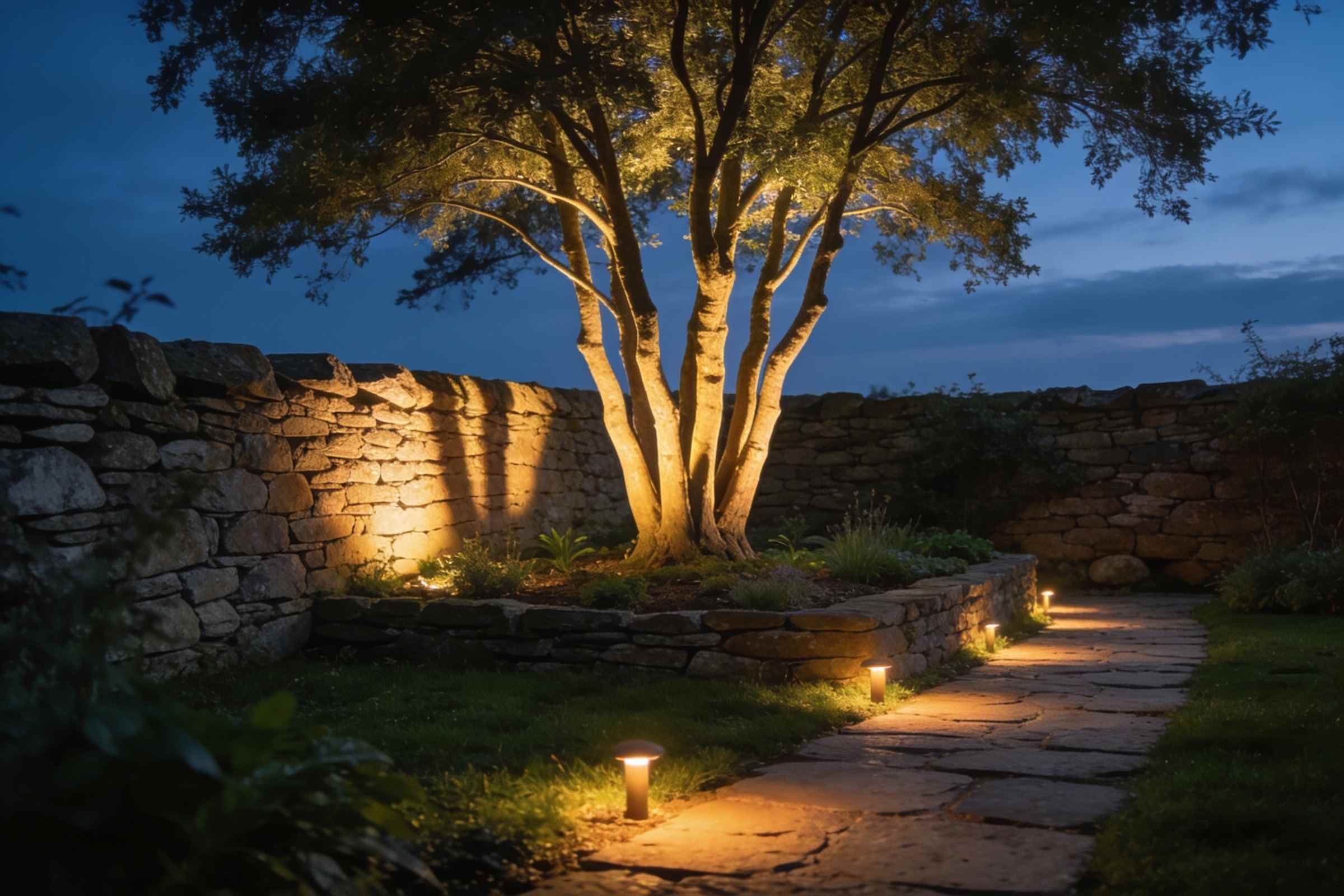 A small walled garden at dusk: warm low lights along a stone path, a multi-stem tree lit from below and light grazing a dry-stone wall under a deep blue sky