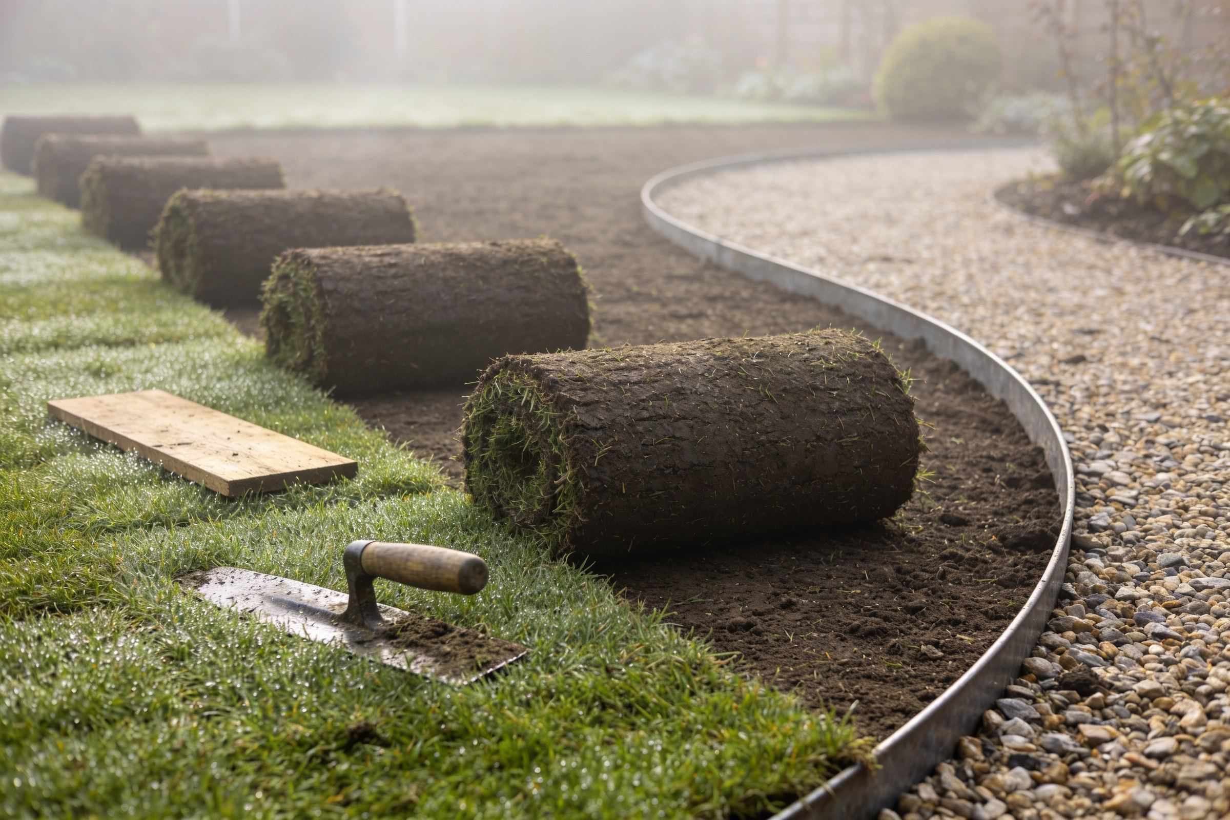 Rolls of new turf being laid on levelled soil beside a curving steel edge and gravel path in early morning mist