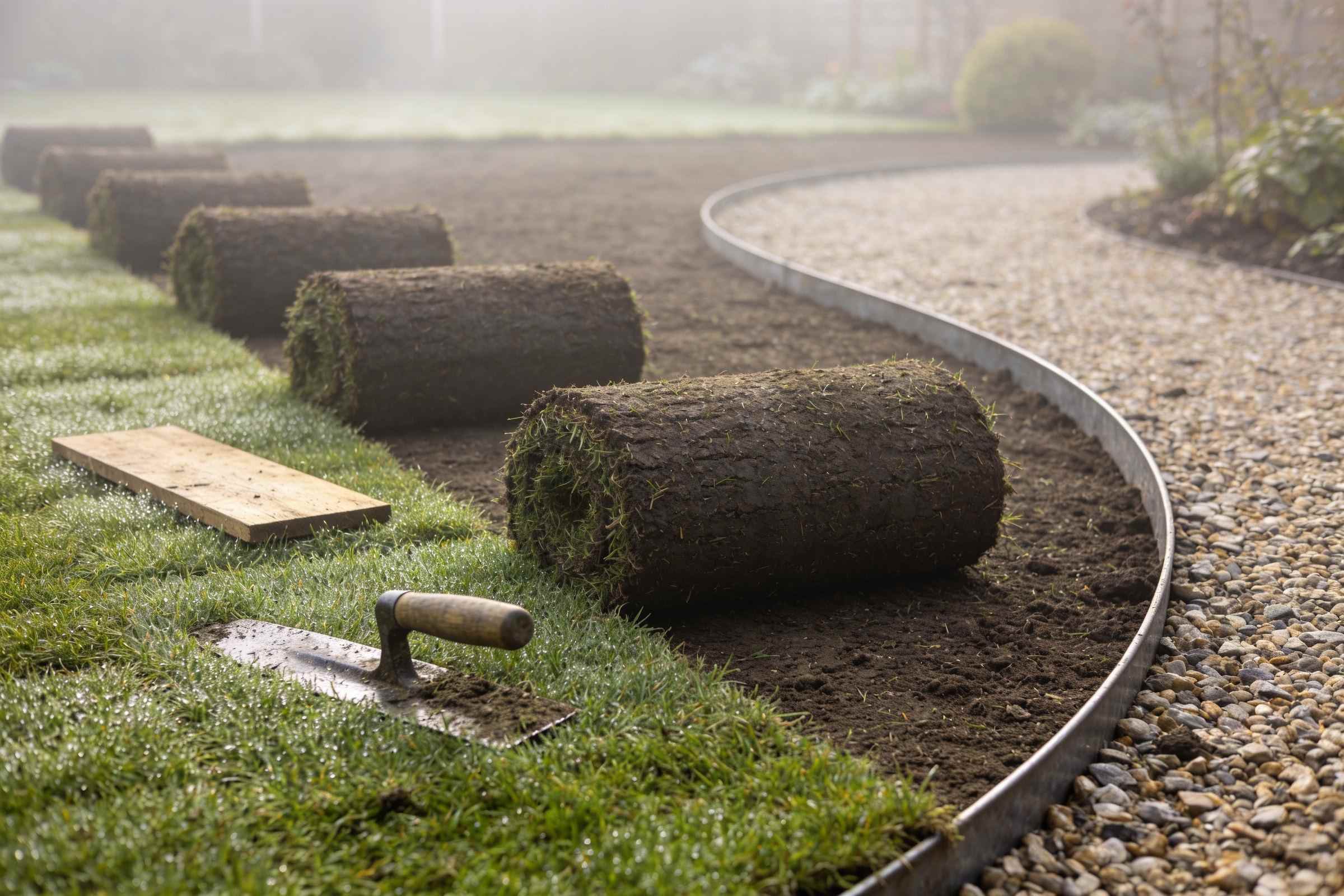 Rolls of new turf being laid on levelled soil beside a curving steel edge and gravel path in early morning mist
