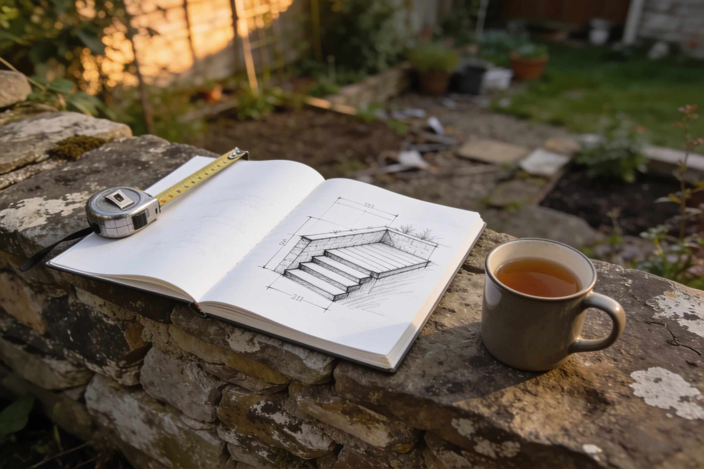 A site notebook open on a mossy stone wall with a pencil sketch of steps and dimensions, a tape measure and a mug of tea, an untidy garden in low evening sun behind