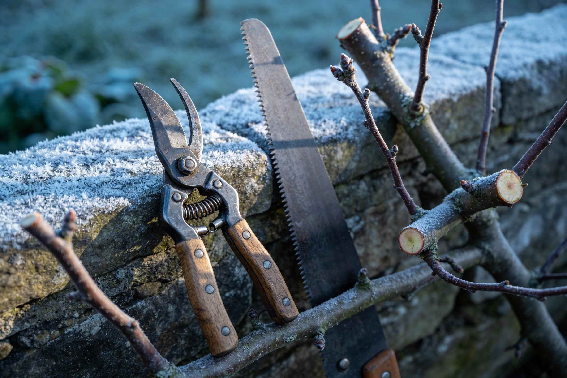 Old wooden-handled secateurs and a pruning saw resting on a frosted stone wall beside freshly pruned apple branches in cold blue morning light