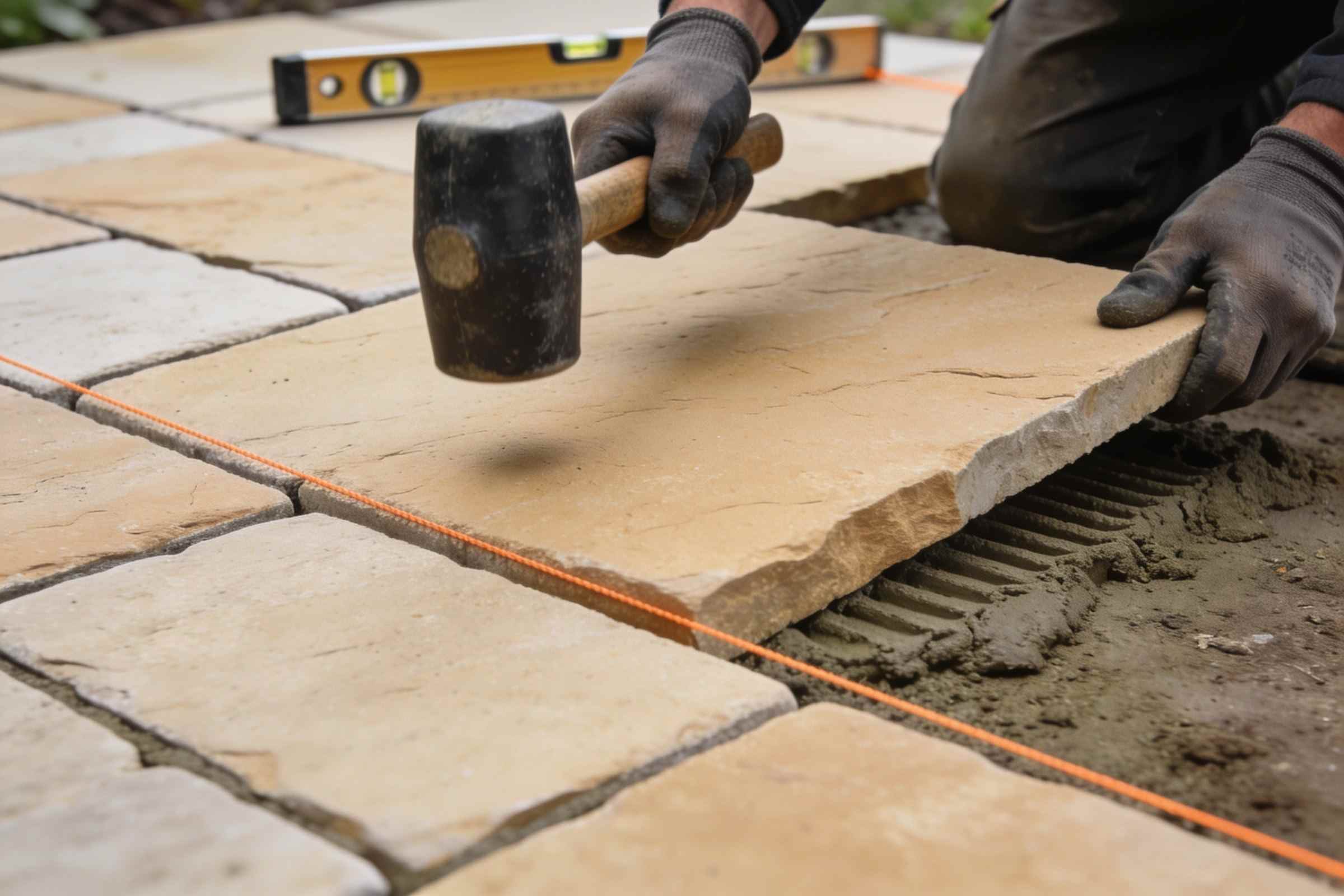 Close up of gloved hands laying a pale buff sandstone flag onto a mortar bed with a rubber mallet, an orange string line and a spirit level beside it