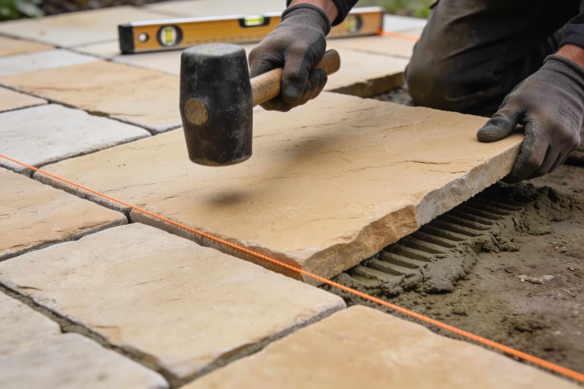 Close up of gloved hands laying a pale buff sandstone flag onto a mortar bed with a rubber mallet, an orange string line and a spirit level beside it