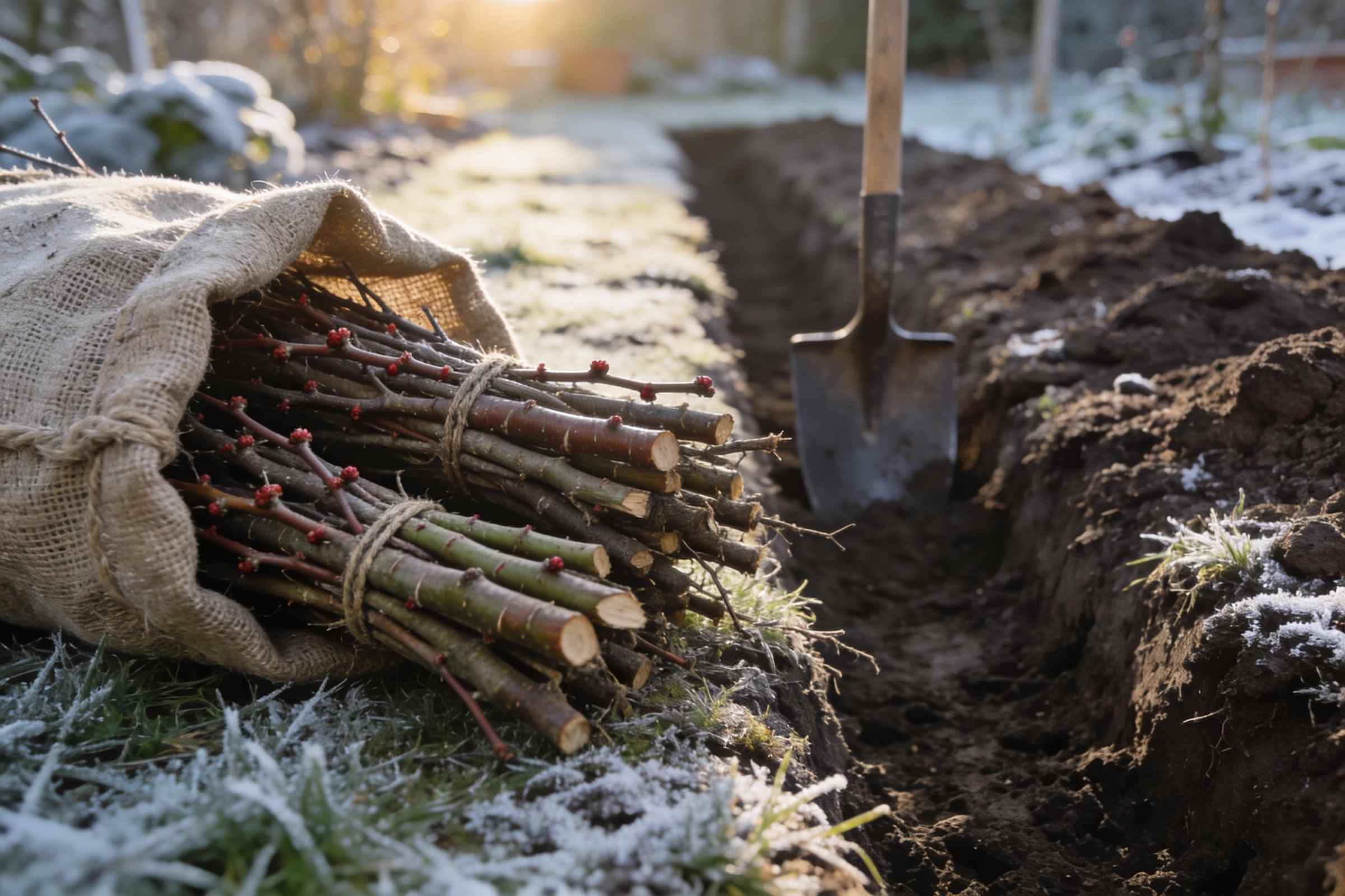 Bundles of bare-root hawthorn and beech whips in a hessian sack beside a freshly dug trench in a frosty winter garden, a spade in the soil