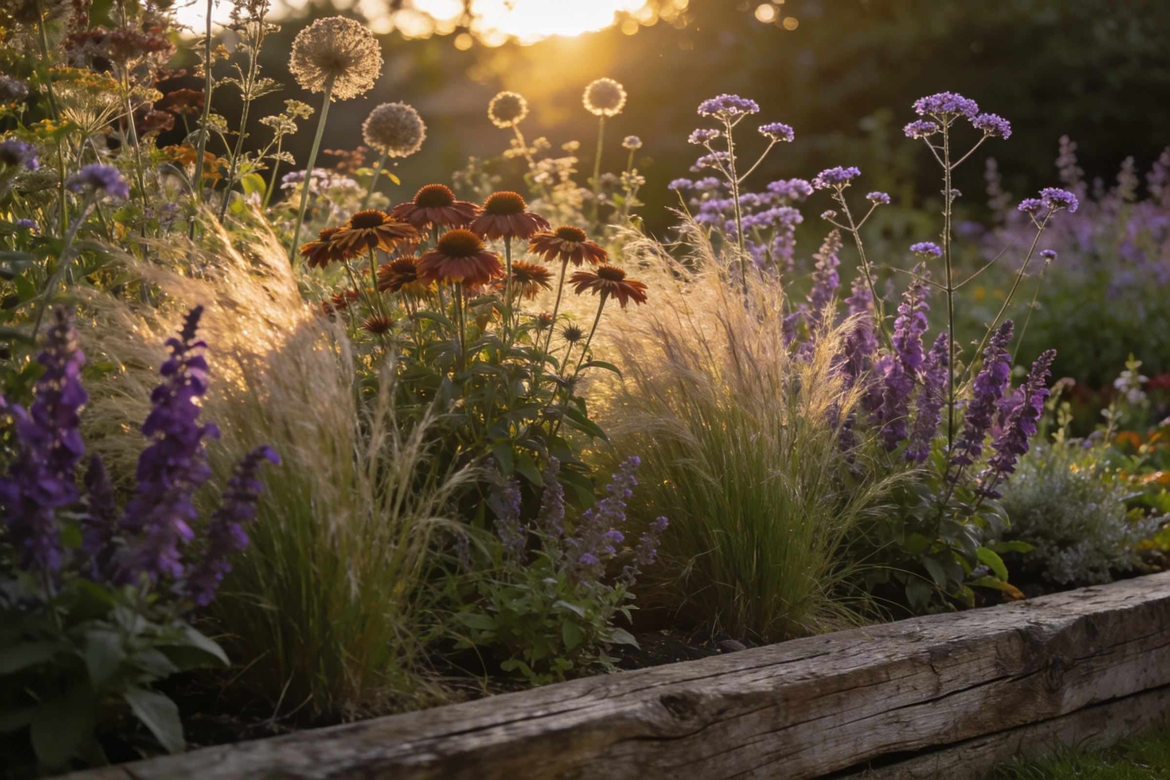 A deep late-summer border of soft grasses, rust heleniums, purple salvias and verbena backlit by low evening sun, edged with an oak sleeper