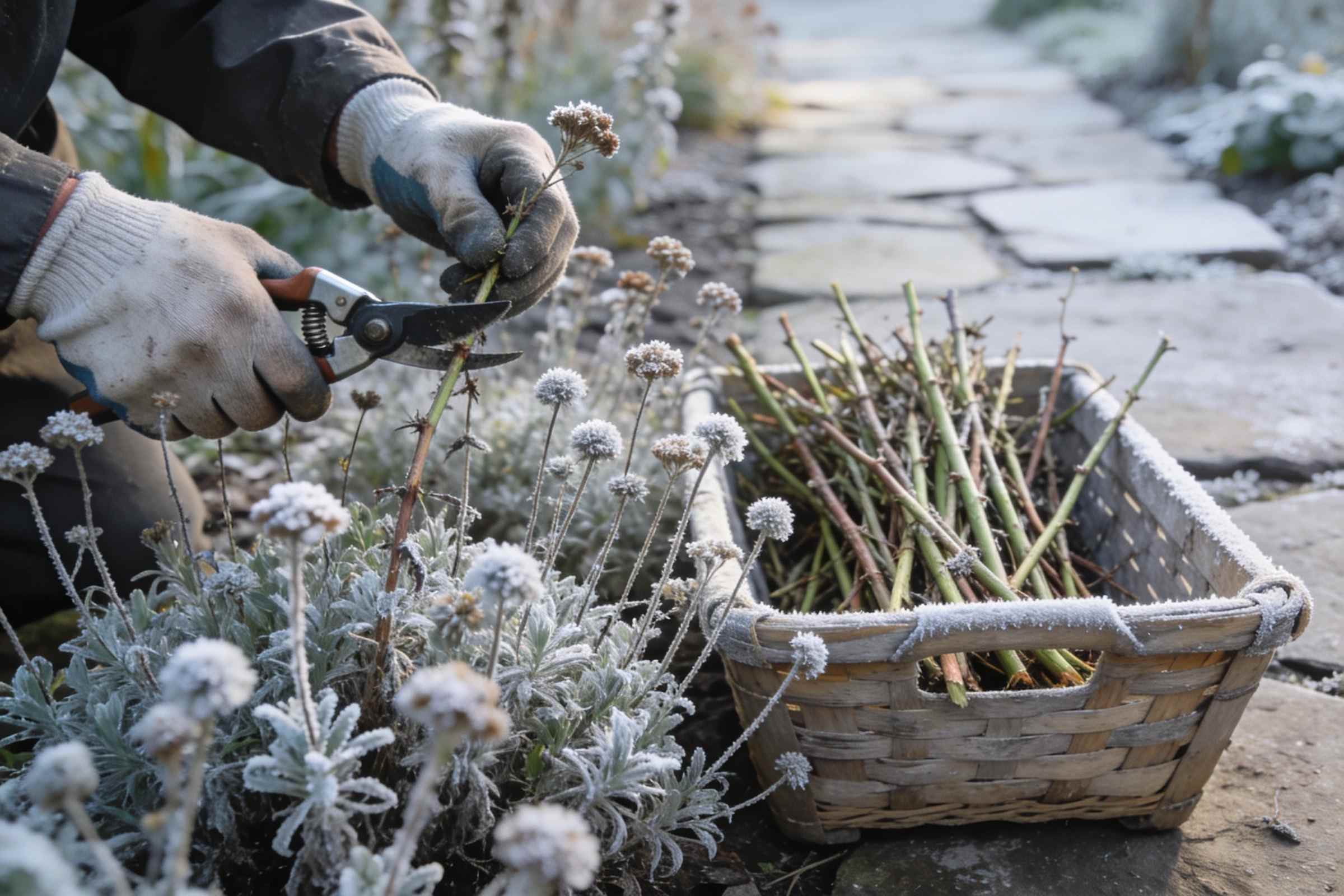 Gloved hands cutting back frosted perennials with secateurs beside a woven trug of cut stems on a cold morning