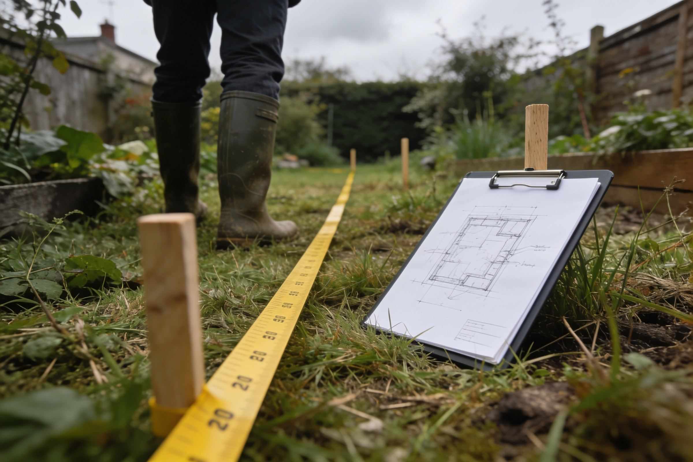 A design survey in an overgrown garden: a yellow tape measure stretched across rough grass between wooden pegs, a clipboard with a pencil plan and wellington boots