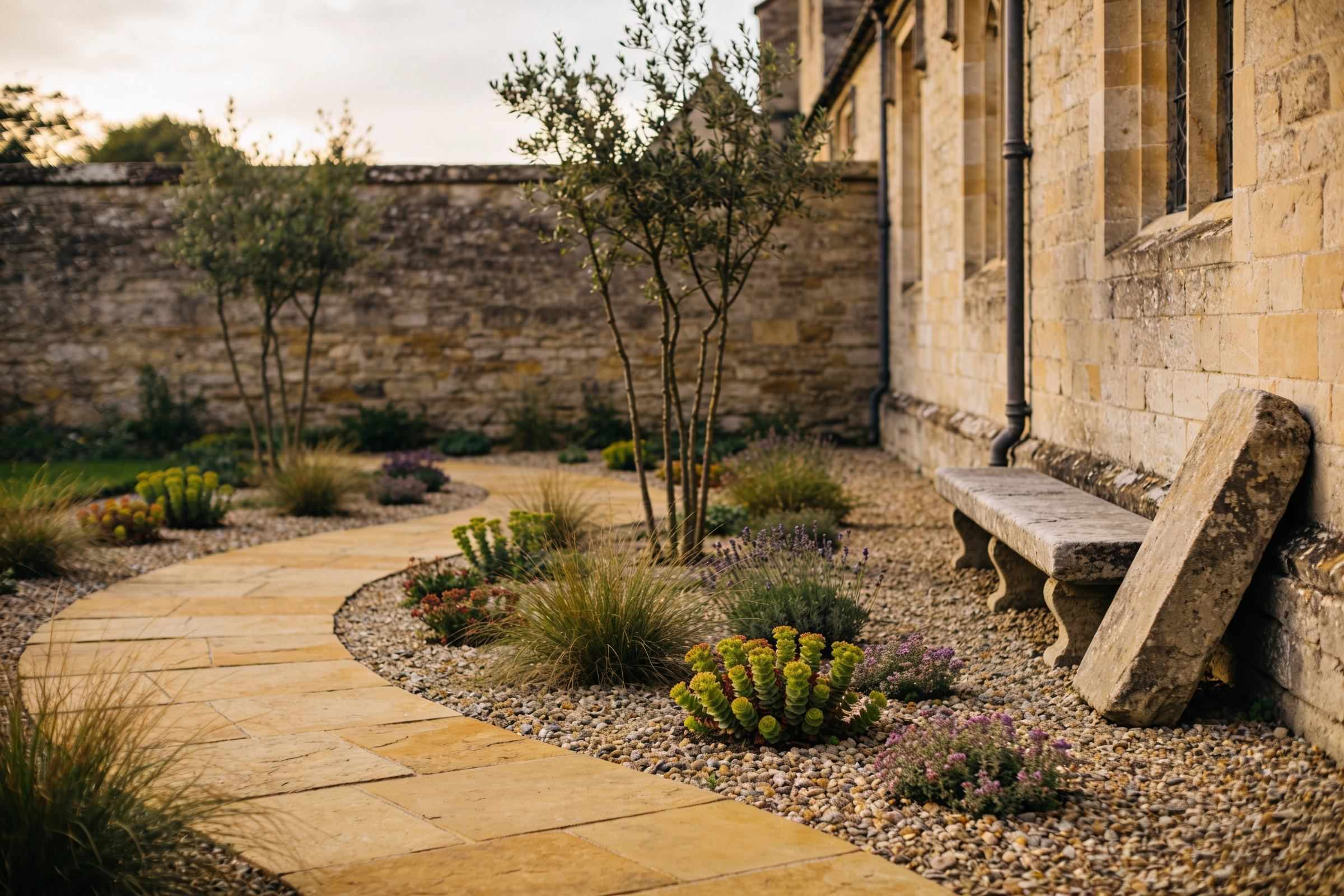 After: a curving honey-coloured stone path through gravel planted with grasses, euphorbias and thyme, small multi-stem trees and an old stone bench against the wall