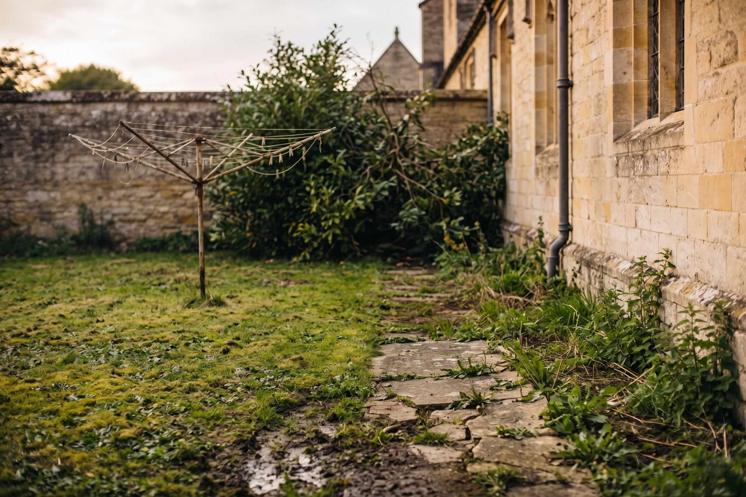 Before: a patchy, mossy lawn beside an old stone house and wall, a broken concrete path, an overgrown laurel and a rusty rotary washing line