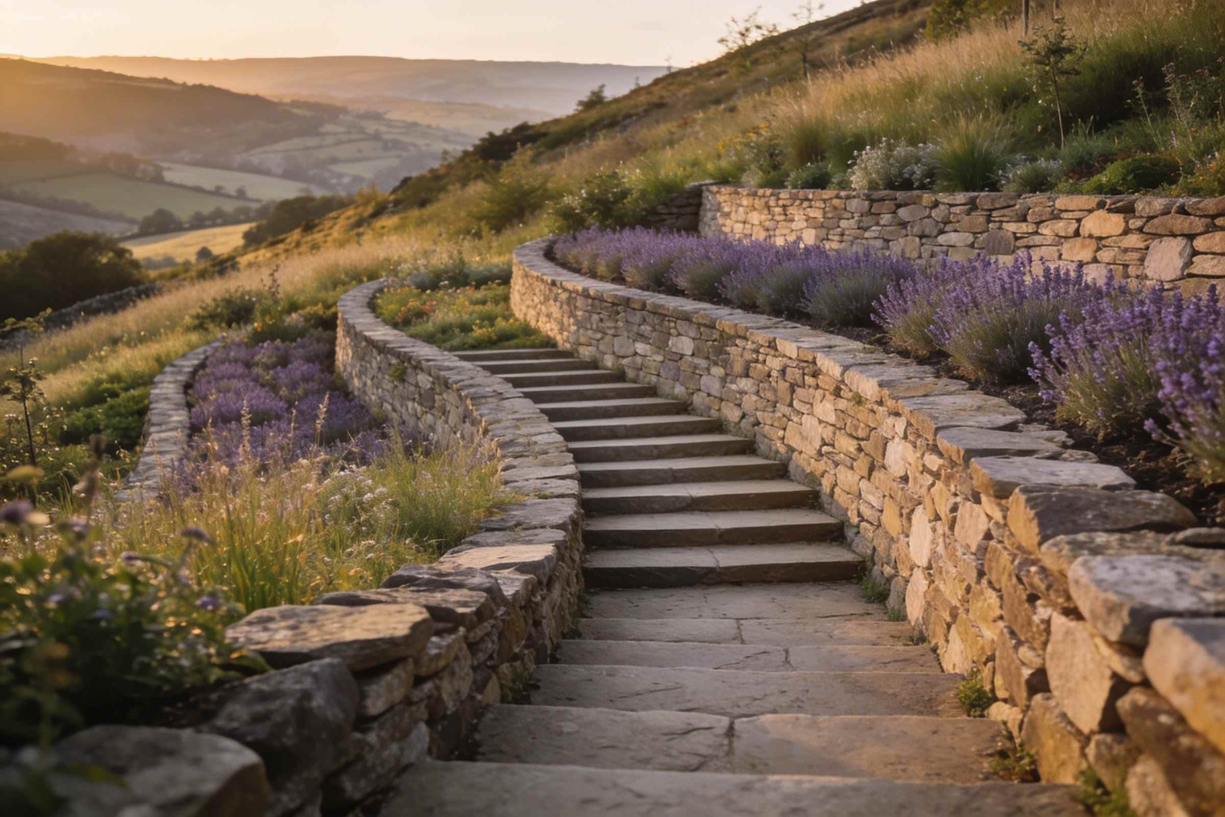 After: three curving dry-stone terraces on the slope with wide stone steps winding up between them, lavender and meadow planting, a valley in evening light beyond
