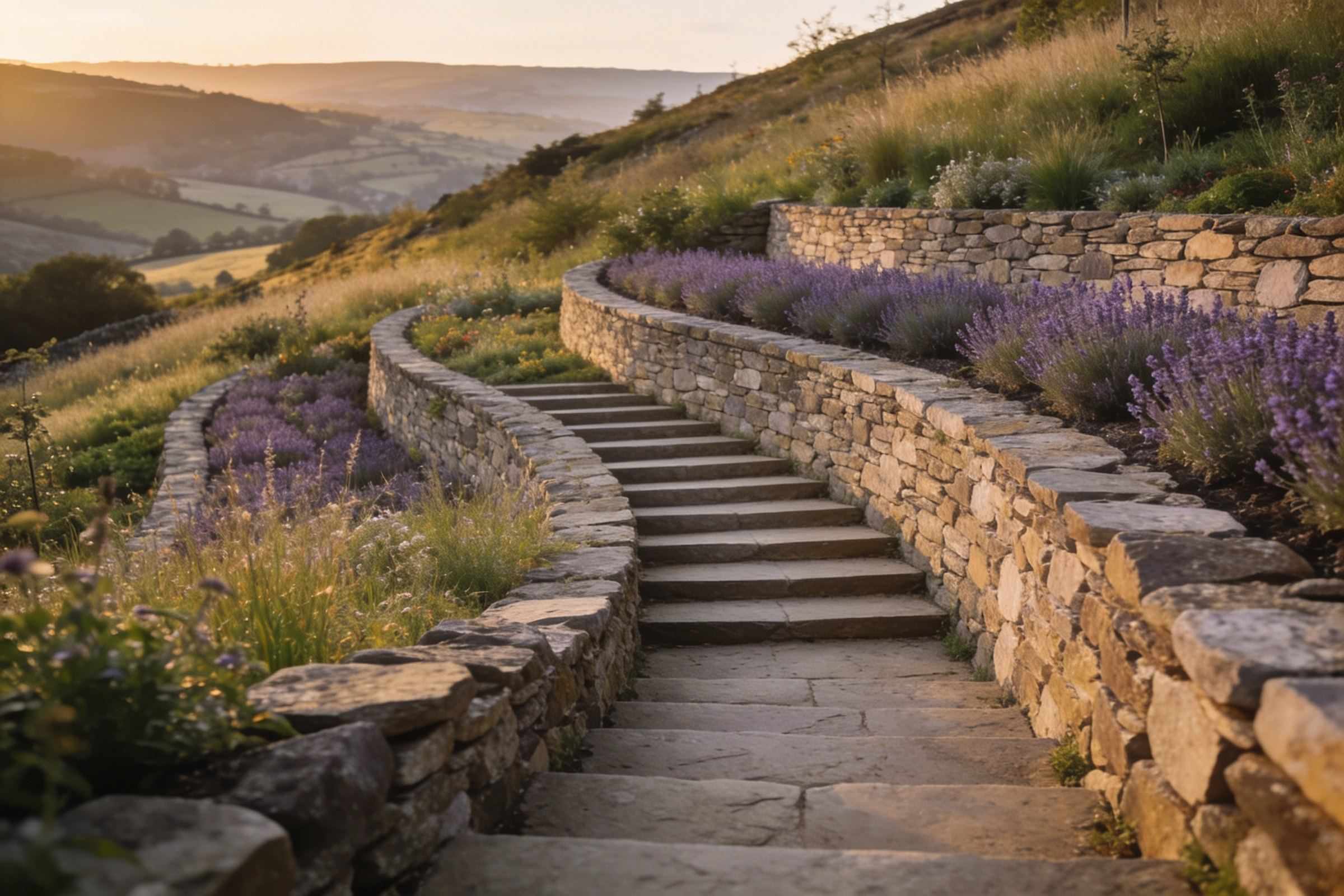 After: three curving dry-stone terraces on the slope with wide stone steps winding up between them, lavender and meadow planting, a valley in evening light beyond