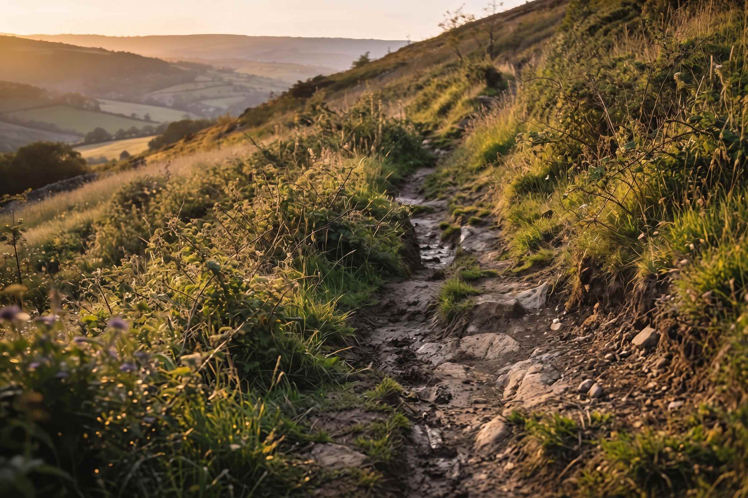 Before: a steep bank of rough tussocky grass and brambles with bare eroded earth and a muddy worn track, a valley view beyond