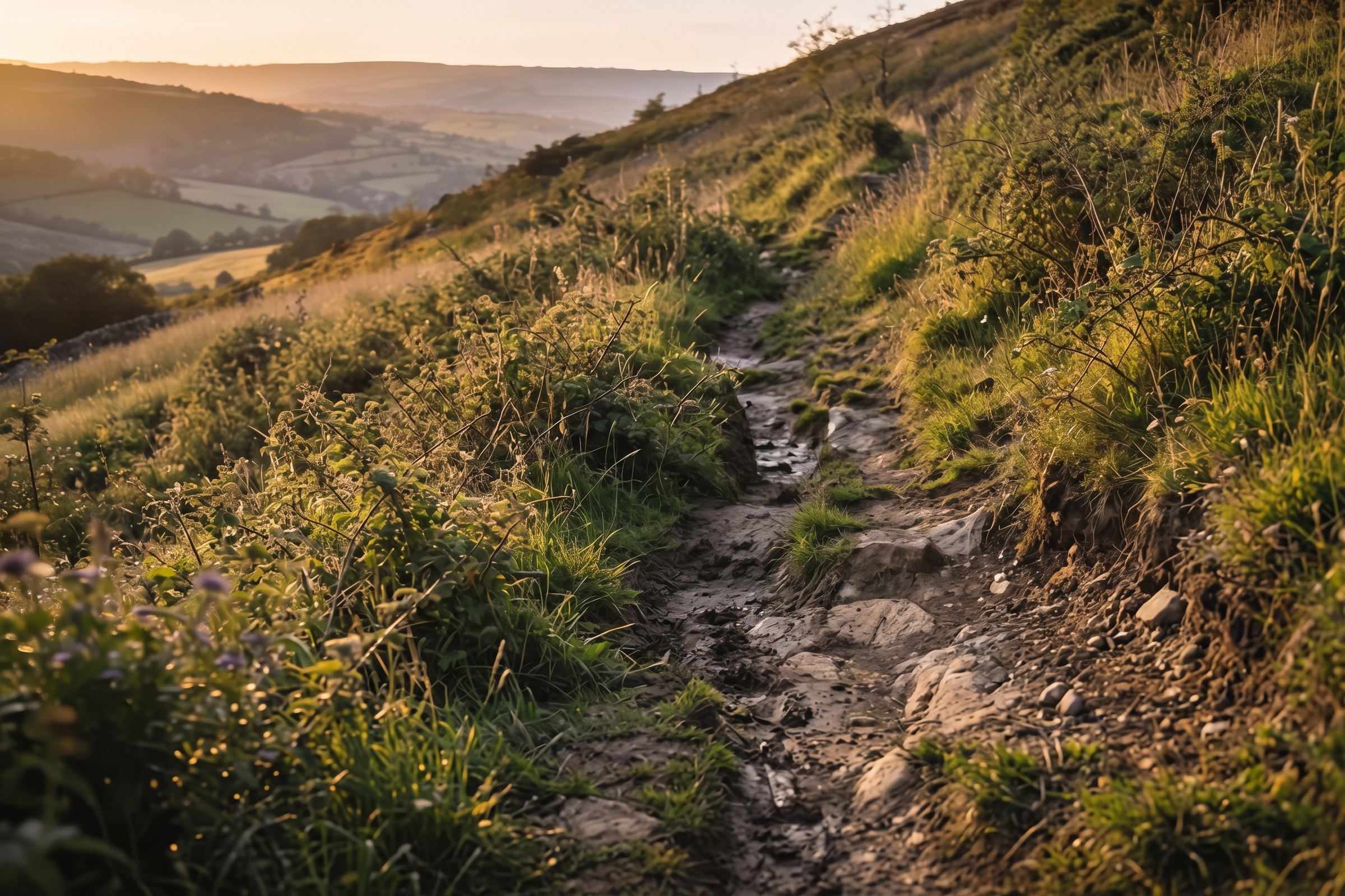 Before: a steep bank of rough tussocky grass and brambles with bare eroded earth and a muddy worn track, a valley view beyond