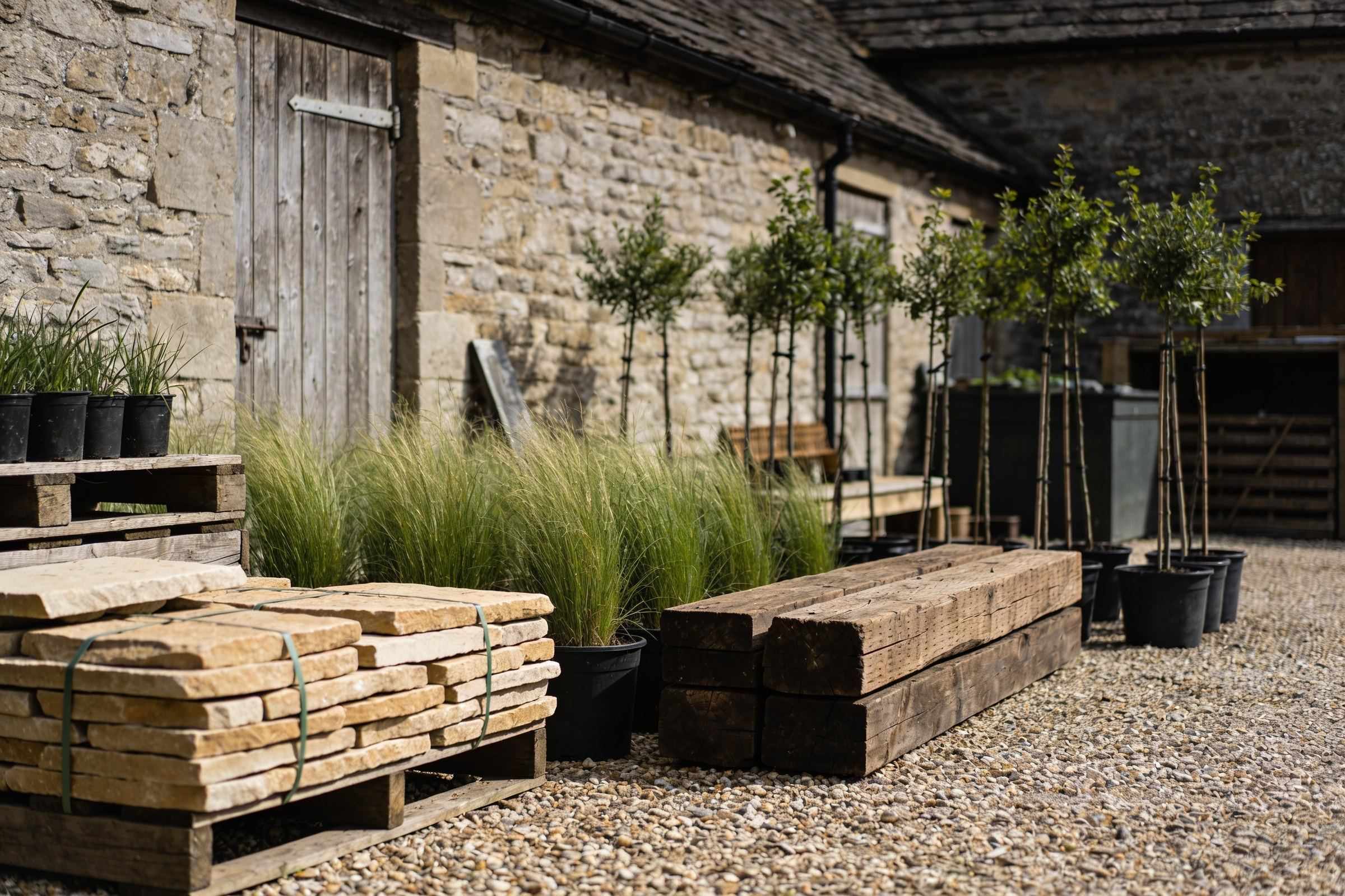 The yard of an old stone barn: pallets of sandstone flags, stacked oak sleepers, potted grasses and young trees in a row waiting to be planted
